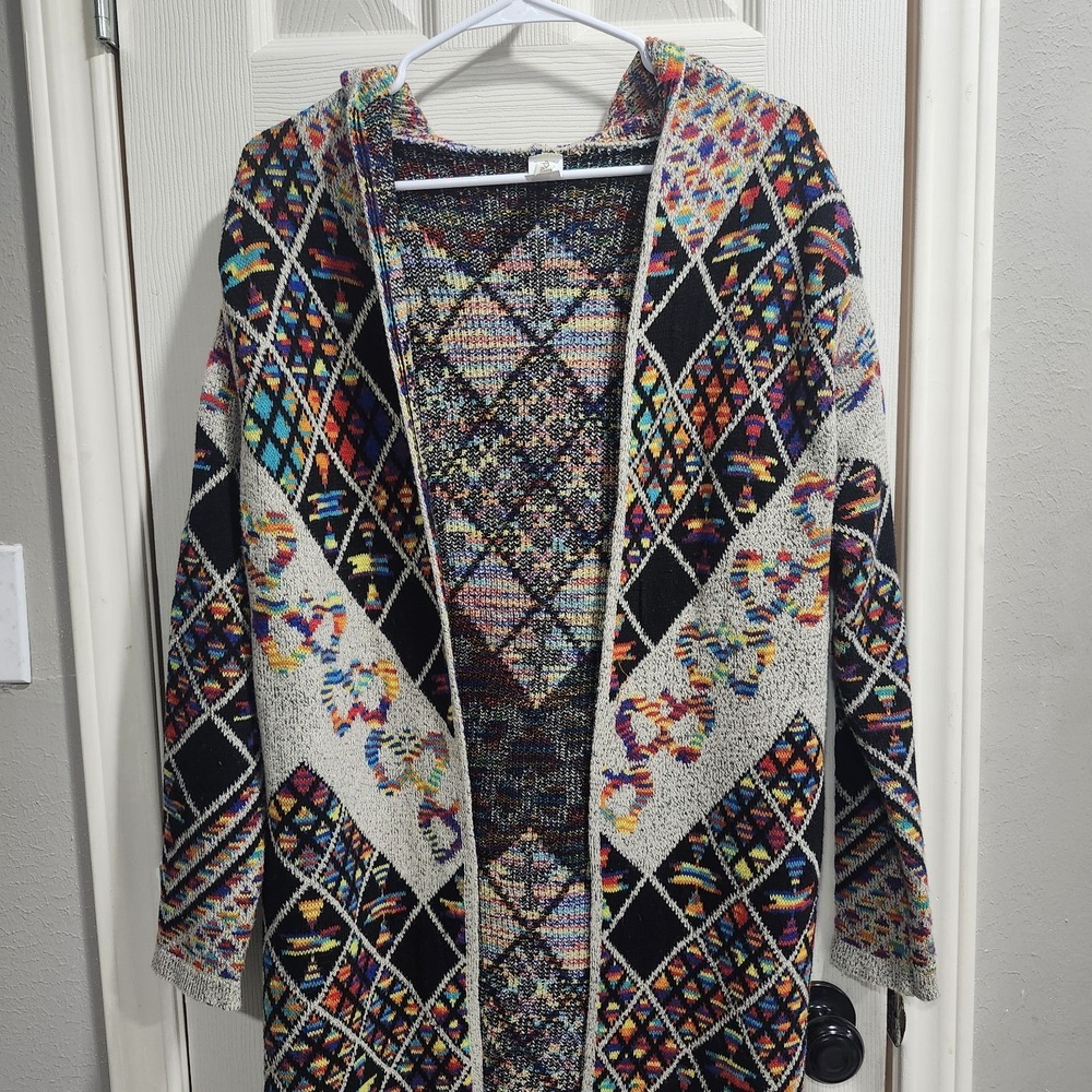 Pinklicious Hooded Cardigan Sweater M Colorful Boho Aztec Long Duster - Picture 2 of 16